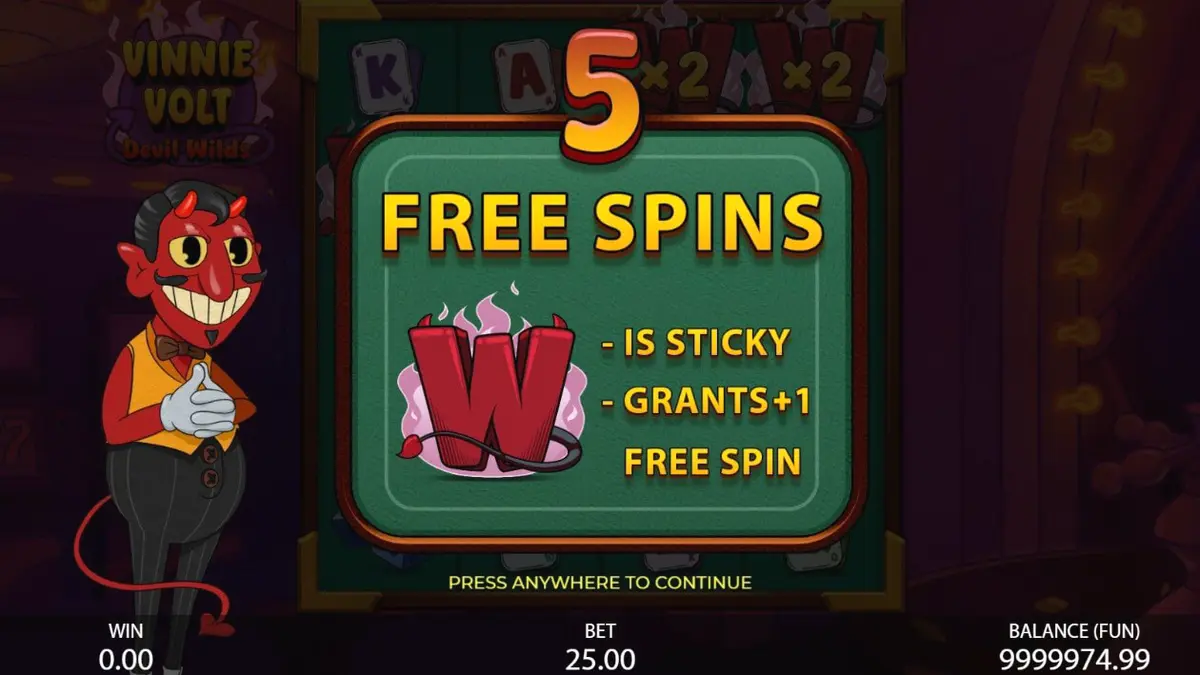 Vinnie Volt: Devil Wilds slot game interface with cartoon devil theme