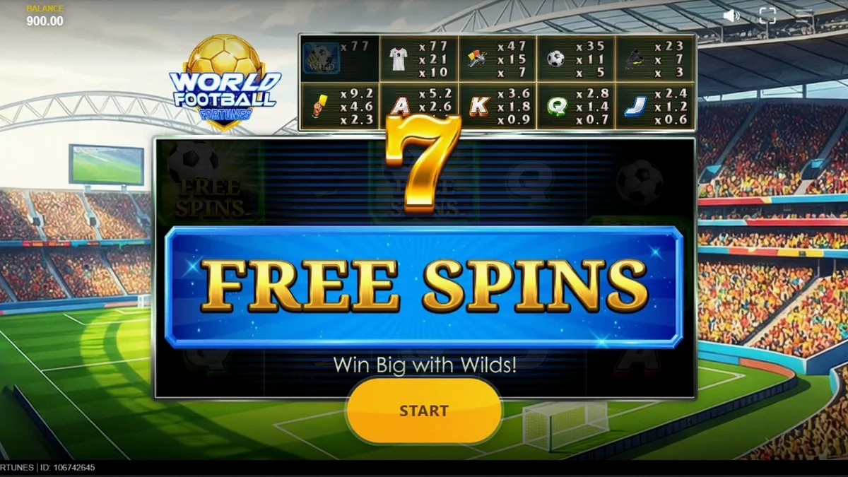 Tampilan visual slot World Football Fortunes dengan latar belakang stadion yang megah