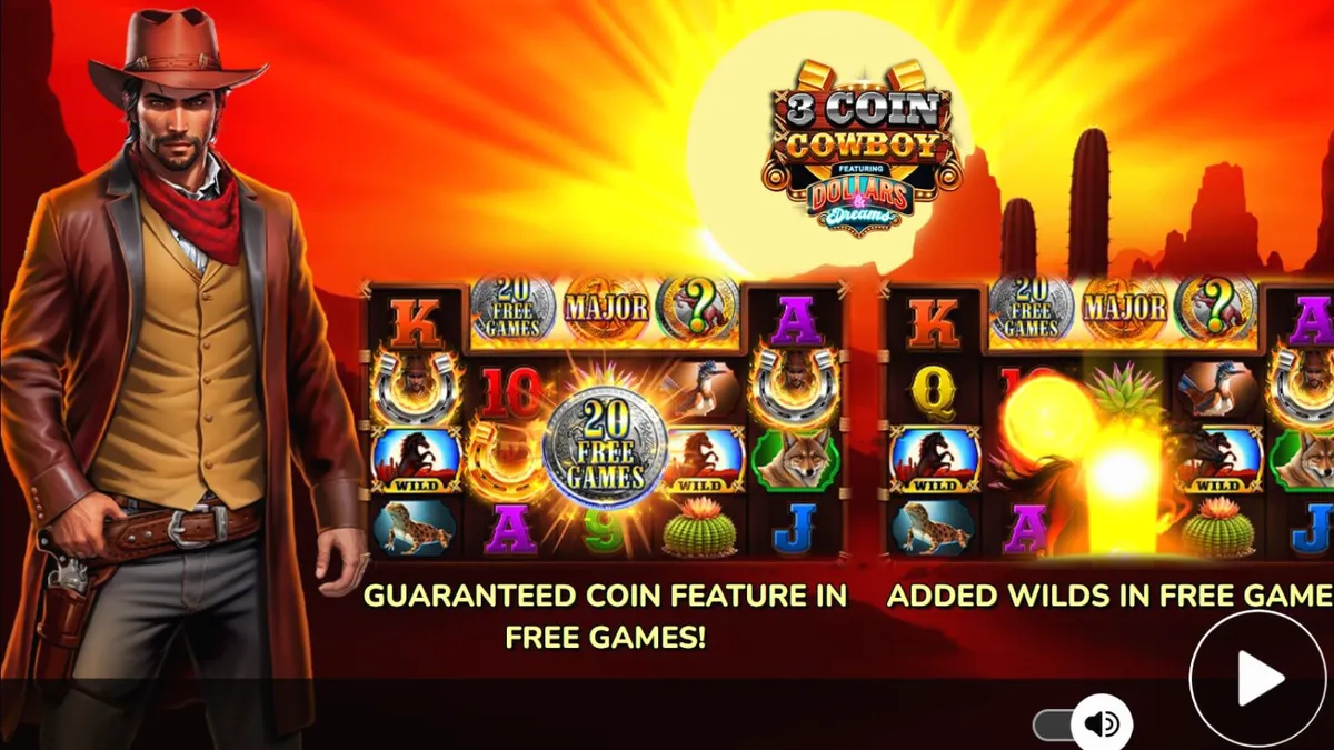 Tampilan visual slot 3 Coin Cowboy Dollars & Dreams dengan latar belakang Wild West